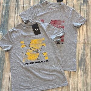 Under Armour Gray Tees with Yellow and Red Graphics (Sz: YM)
